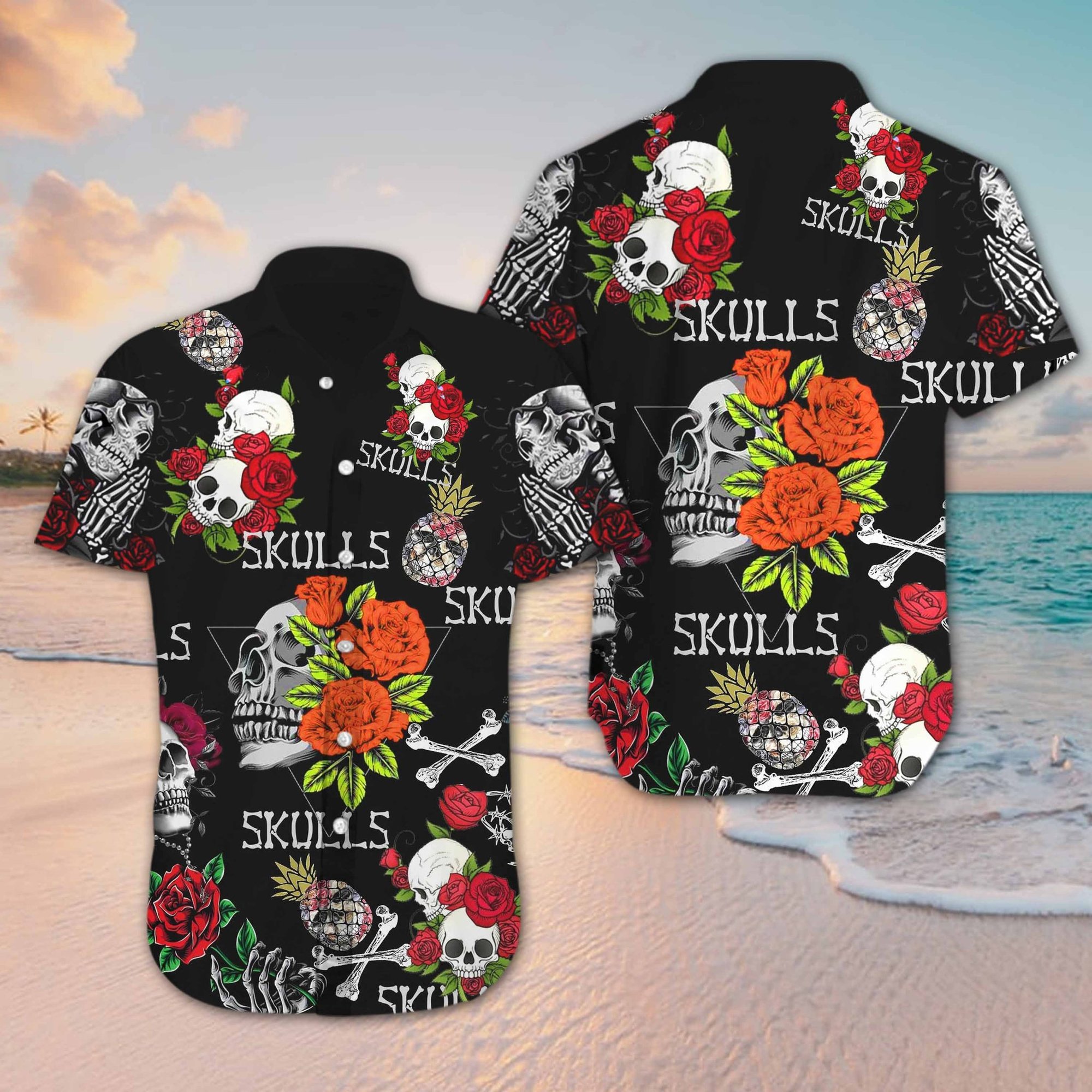 Skull Rose Hawaiian Shirt Summer Button Up Skull Rose Hawaiian Shirt Summer Button Up