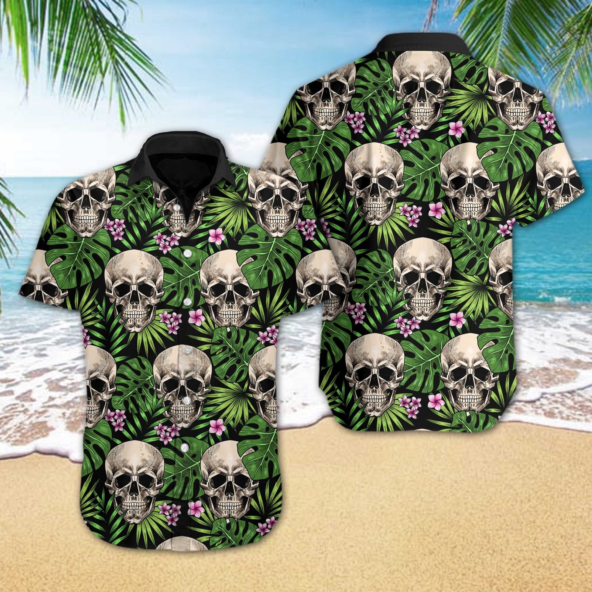Skull Tropical Pattern Hawaiian Shirt Summer Button Up Skull Tropical Pattern Hawaiian Shirt Summer Button Up