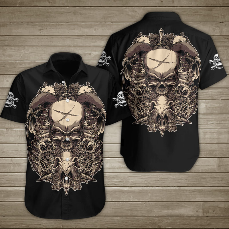 Skull With Eagle And Sword Hawaiian Shirt Summer Button Up Skull With Eagle And Sword Hawaiian Shirt Summer Button Up