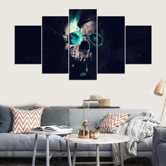 Skull With Green Glow Smoke - Abstract 5 Panel Canvas Art Wall Decor Skull With Green Glow Smoke - Abstract 5 Panel Canvas Art Wall Decor