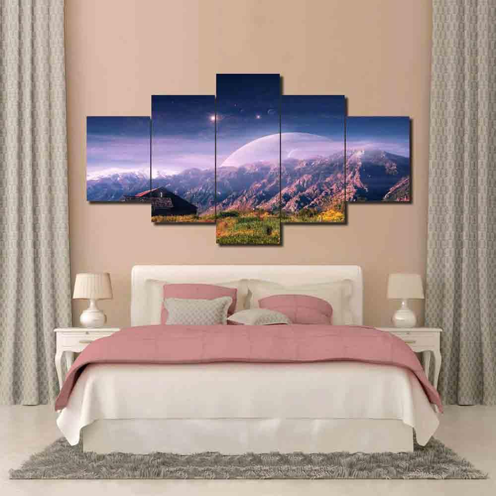 Sky Planets House And Mountain - Nature 5 Panel Canvas Art Wall Decor Sky Planets House And Mountain - Nature 5 Panel Canvas Art Wall Decor