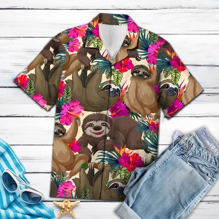 Sloth Hibiscus Flower Hawaiian Shirt Summer Button Up Sloth Hibiscus Flower Hawaiian Shirt Summer Button Up