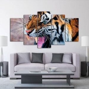 Snarling Tiger - Animal 5 Panel Canvas Art Wall Decor