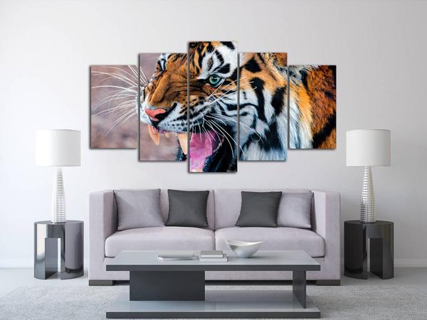 Snarling Tiger - Animal 5 Panel Canvas Art Wall Decor Snarling Tiger - Animal 5 Panel Canvas Art Wall Decor