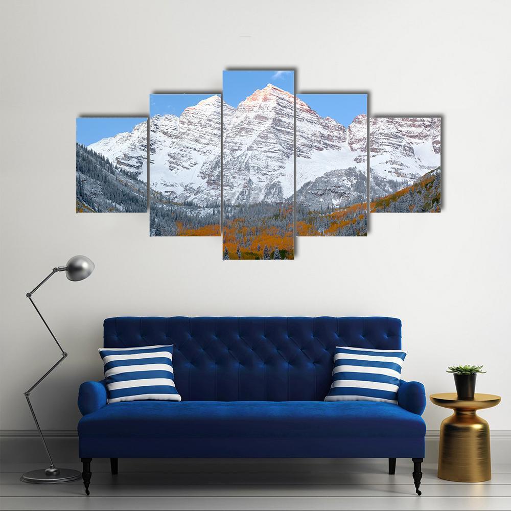 Snow Covered Maroon Bells Mountains - Nature 5 Panel Canvas Art Wall Decor Snow Covered Maroon Bells Mountains - Nature 5 Panel Canvas Art Wall Decor