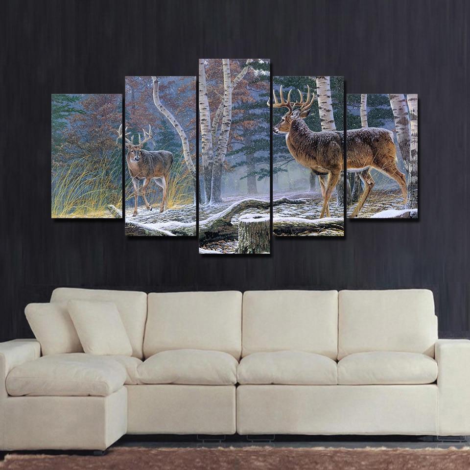 Snow Deer Couple In Forest - Animal 5 Panel Canvas Art Wall Decor Snow Deer Couple In Forest - Animal 5 Panel Canvas Art Wall Decor