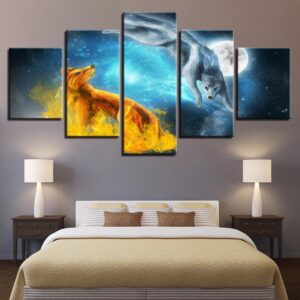 Snow Fox Moonlit Night - Abstract Animal 5 Panel Canvas Art Wall Decor