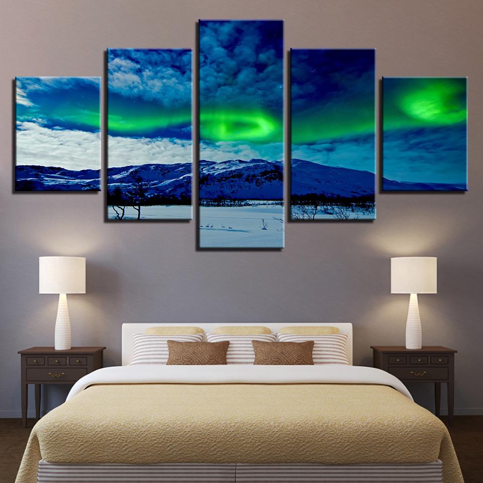 Snow Mountain Aurora - Nature 5 Panel Canvas Art Wall Decor Snow Mountain Aurora - Nature 5 Panel Canvas Art Wall Decor