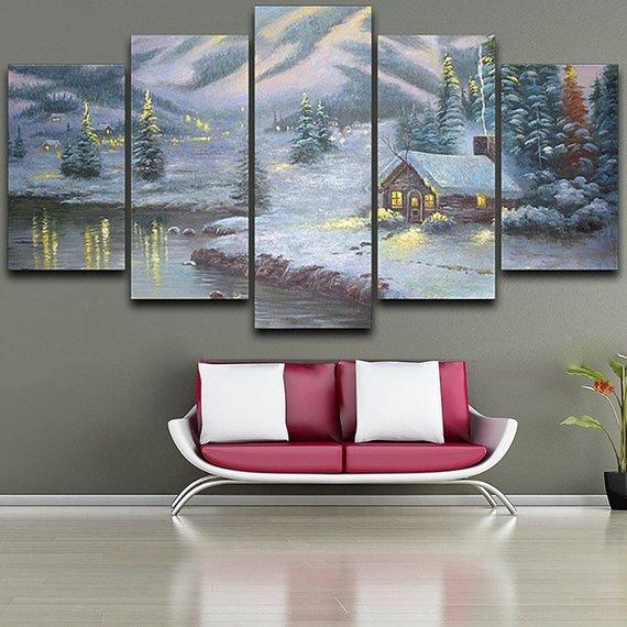 Snow Mountain Cabin 01 - Nature 5 Panel Canvas Art Wall Decor Snow Mountain Cabin 01 - Nature 5 Panel Canvas Art Wall Decor