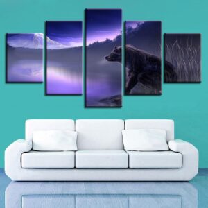 Snow Mountain Lake And Animal Wolf Night - Animal 5 Panel Canvas Art Wall Decor
