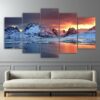 Snow Mountain Sunset Rive - Nature 5 Panel Canvas Art Wall Decor