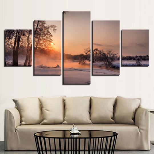 Snowy Field At Sunrise - Nature 5 Panel Canvas Art Wall Decor Snowy Field At Sunrise - Nature 5 Panel Canvas Art Wall Decor