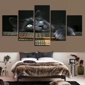 Soft Cuddly Grey Black Cat - Animal 5 Panel Canvas Art Wall Decor