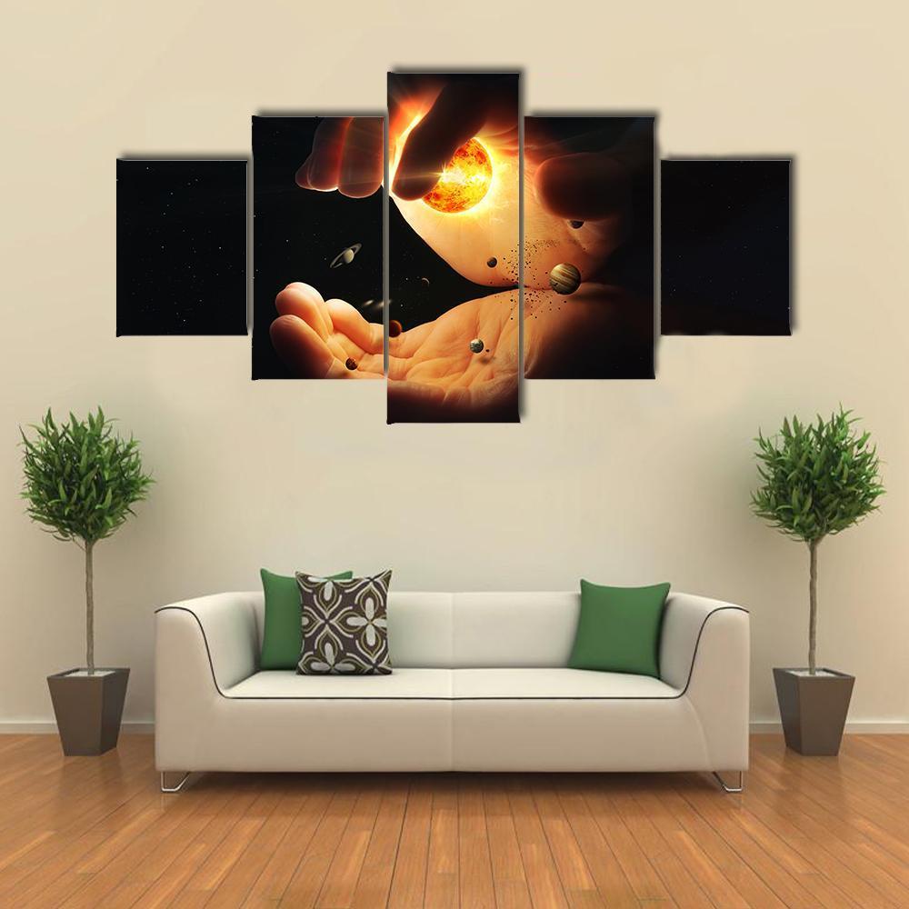 Solar System In Two Hands - Abstract 5 Panel Canvas Art Wall Decor Solar System In Two Hands - Abstract 5 Panel Canvas Art Wall Decor