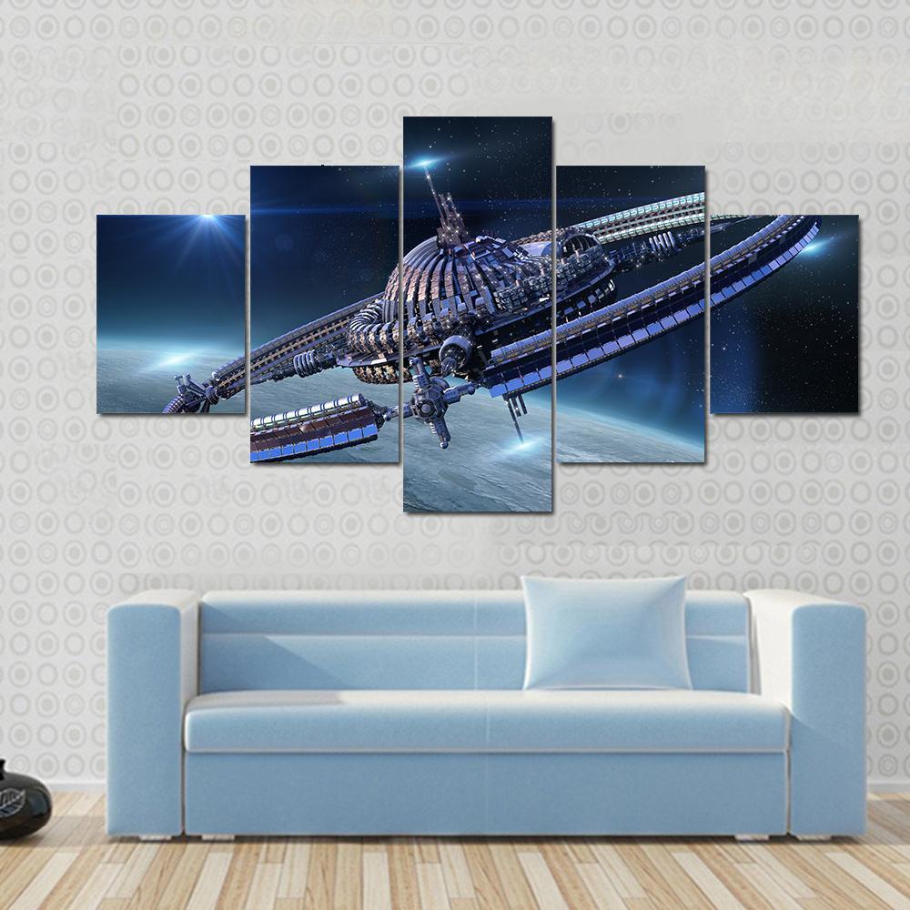 Spaceship With Dome Core And Gravitation Wheel - Space 5 Panel Canvas Art Wall Decor Spaceship With Dome Core And Gravitation Wheel - Space 5 Panel Canvas Art Wall Decor