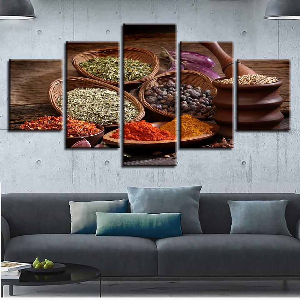 Spices And Eggplant - Kitchen 5 Panel Canvas Art Wall Decor Spices And Eggplant - Kitchen 5 Panel Canvas Art Wall Decor