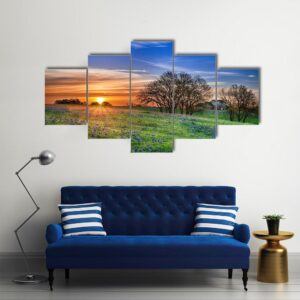 Spring Wildflower Field At Sunrise - Nature 5 Panel Canvas Art Wall Decor
