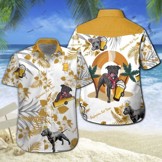 Staffordshire Bull Terrier Beer Hawaiian Shirt Summer Button Up Staffordshire Bull Terrier Beer Hawaiian Shirt Summer Button Up