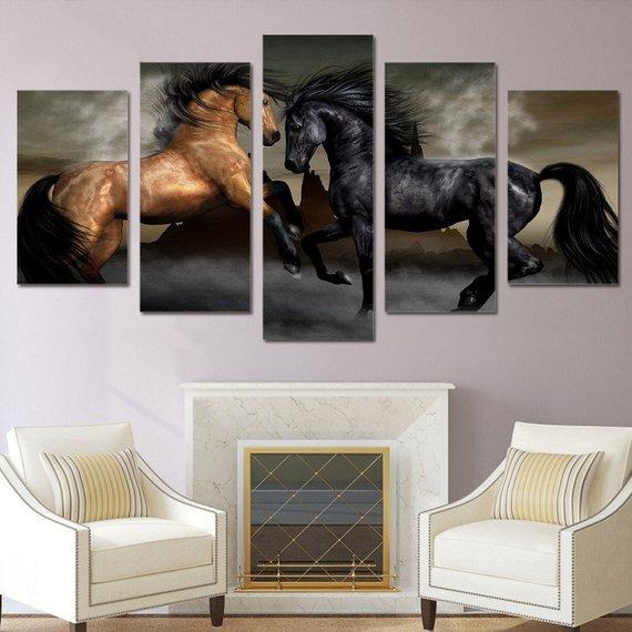 Standoff Horses - Animal 5 Panel Canvas Art Wall Decor Standoff Horses - Animal 5 Panel Canvas Art Wall Decor