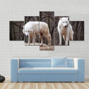 Staring White Wolves Couple - Animal 5 Panel Canvas Art Wall Decor