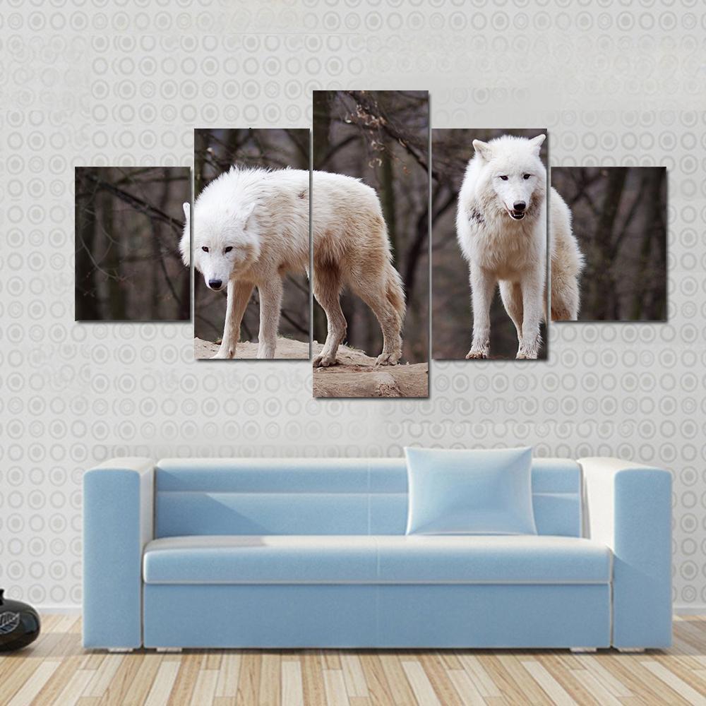 Staring White Wolves Couple - Animal 5 Panel Canvas Art Wall Decor Staring White Wolves Couple - Animal 5 Panel Canvas Art Wall Decor