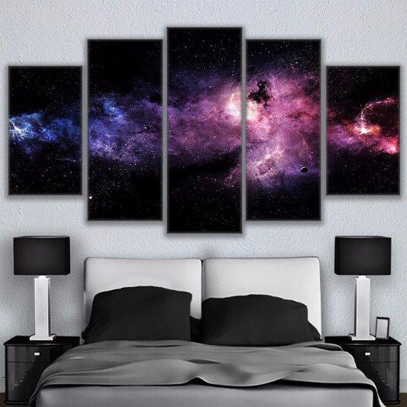 Starry Sky Nebula Dust Planets Landscape - Space 5 Panel Canvas Art Wall Decor Starry Sky Nebula Dust Planets Landscape - Space 5 Panel Canvas Art Wall Decor
