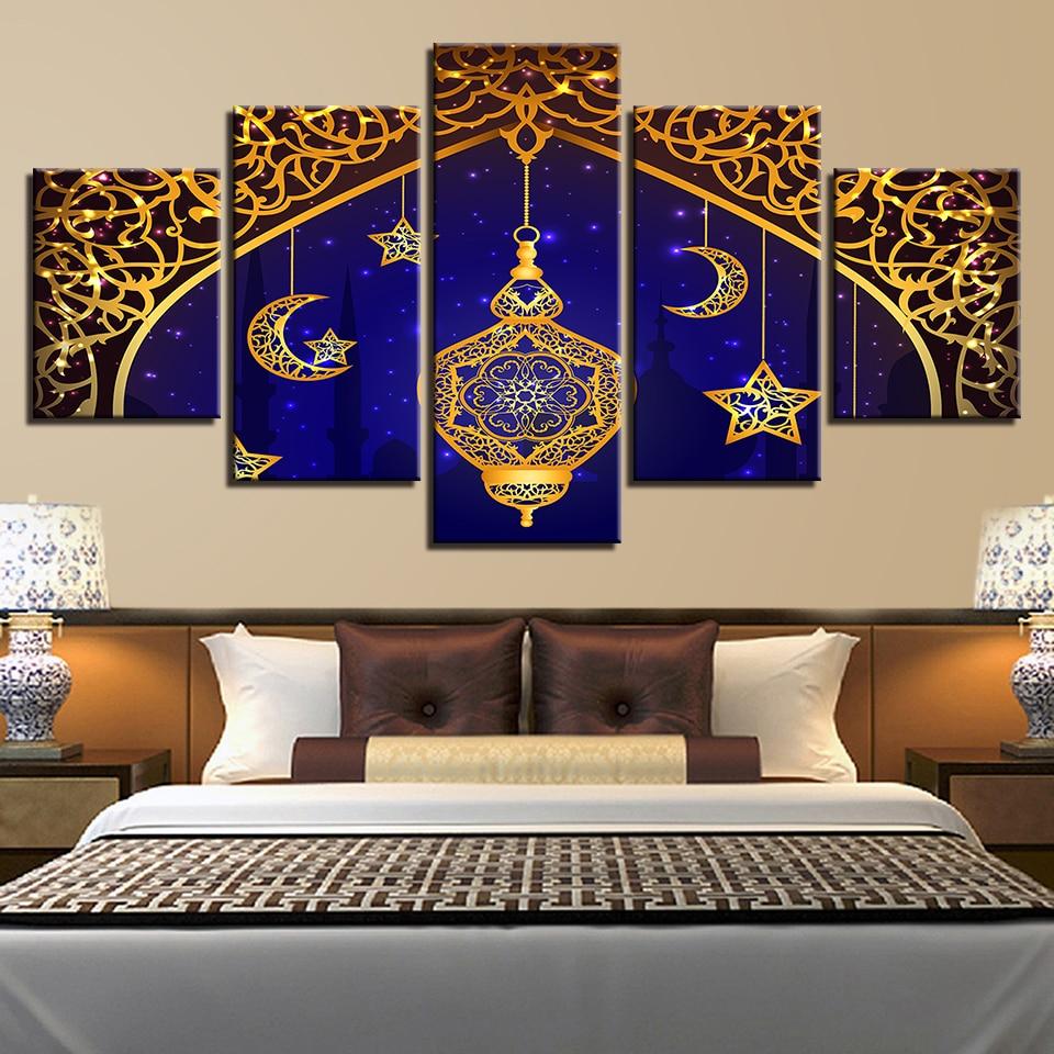 Stars Moon Graphics And Starry Sky - Abstract 5 Panel Canvas Art Wall Decor Stars Moon Graphics And Starry Sky - Abstract 5 Panel Canvas Art Wall Decor