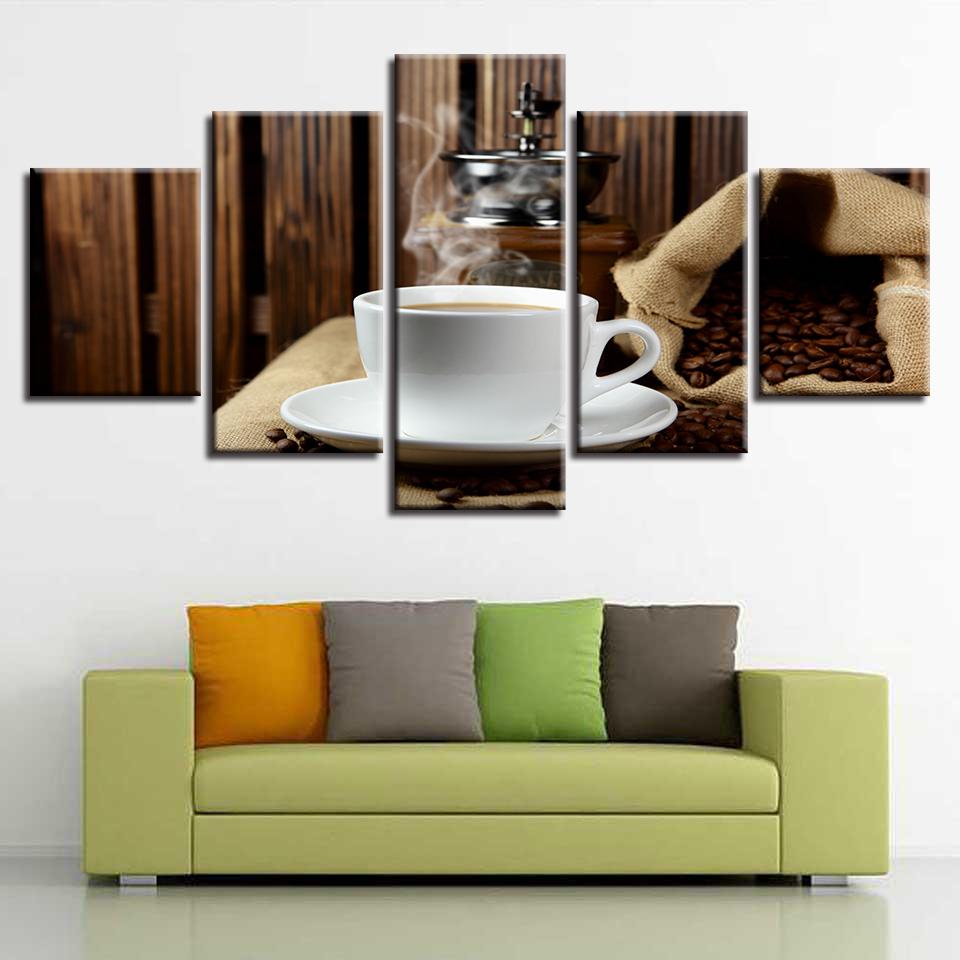 Steaming Hot Coffee And Coffee Beans - Nature 5 Panel Canvas Art Wall Decor Steaming Hot Coffee And Coffee Beans - Nature 5 Panel Canvas Art Wall Decor