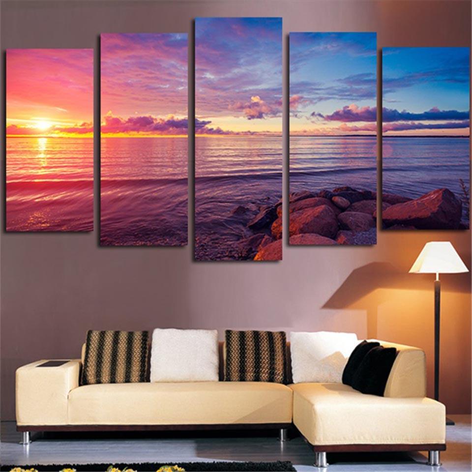 Stone Sunset Seaview - Nature 5 Panel Canvas Art Wall Decor Stone Sunset Seaview - Nature 5 Panel Canvas Art Wall Decor
