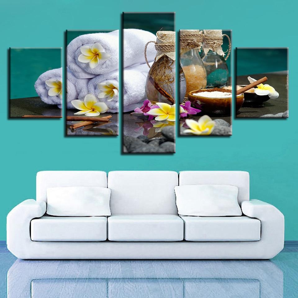 Stone Towel Bottle And Frangipani - Nature 5 Panel Canvas Art Wall Decor Stone Towel Bottle And Frangipani - Nature 5 Panel Canvas Art Wall Decor