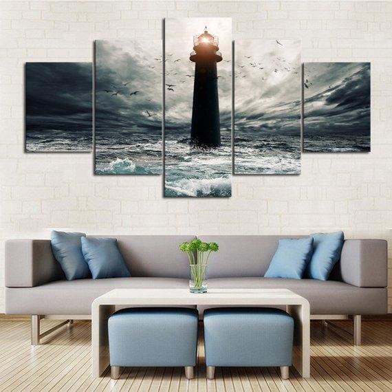 Stormy Lighthouse - Nature 5 Panel Canvas Art Wall Decor Stormy Lighthouse - Nature 5 Panel Canvas Art Wall Decor