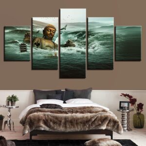 Submerged In Sea Buddha Statue - Religion 5 Panel Canvas Art Wall Decor