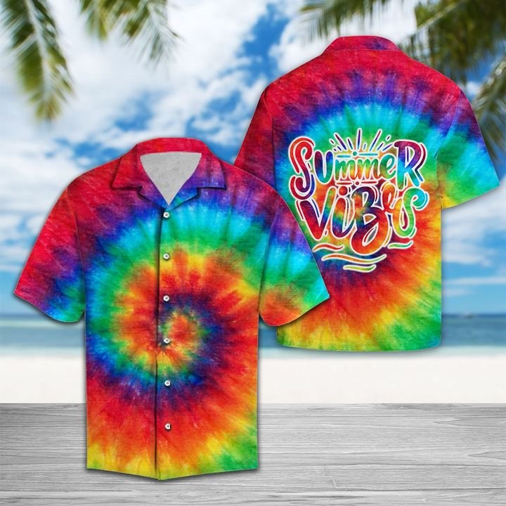 Summer Vibes Tie Dye Hawaiian Shirt Summer Button Up Summer Vibes Tie Dye Hawaiian Shirt Summer Button Up
