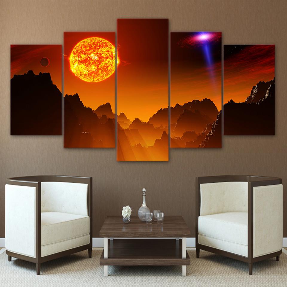 Sun Planet Mountains Landscape - Nature 5 Panel Canvas Art Wall Decor Sun Planet Mountains Landscape - Nature 5 Panel Canvas Art Wall Decor