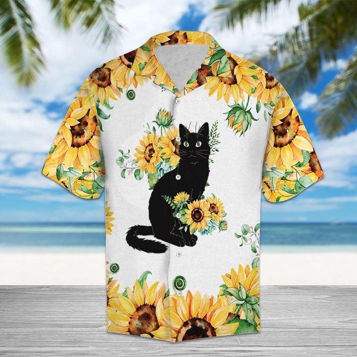 Sunflower Black Cat Hawaiian Shirt Summer Button Up Sunflower Black Cat Hawaiian Shirt Summer Button Up