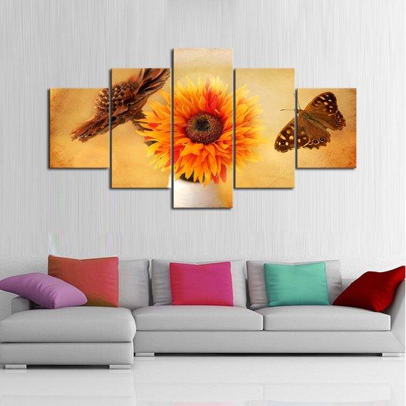 Sunflower Butterfly - Animal 5 Panel Canvas Art Wall Decor Sunflower Butterfly - Animal 5 Panel Canvas Art Wall Decor