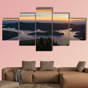Sunrise At Tthe Plastiras Lake In Greece - Nature 5 Panel Canvas Art Wall Decor
