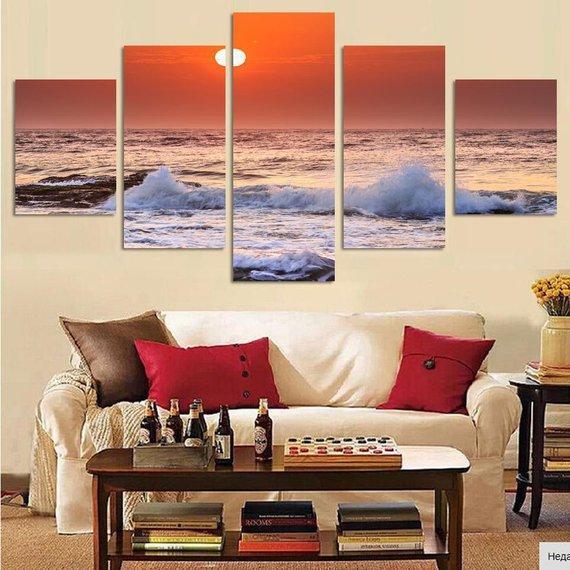 Sunrise Beach Ocean - Nature 5 Panel Canvas Art Wall Decor Sunrise Beach Ocean - Nature 5 Panel Canvas Art Wall Decor