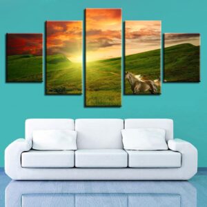 Sunrise Horse Grassland Landscape - Animal 5 Panel Canvas Art Wall Decor