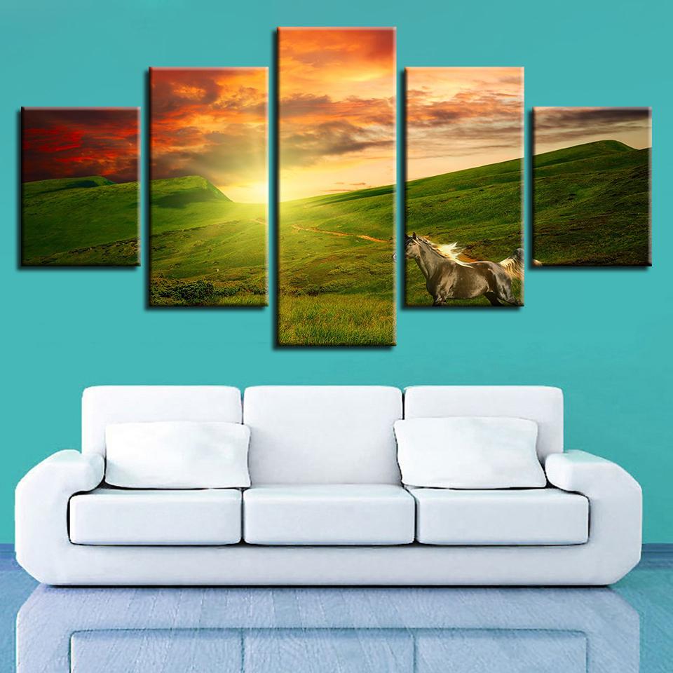 Sunrise Horse Grassland Landscape - Animal 5 Panel Canvas Art Wall Decor Sunrise Horse Grassland Landscape - Animal 5 Panel Canvas Art Wall Decor