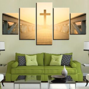 Sunrise Jesus Cross Long Bridge Landscape - Religion 5 Panel Canvas Art Wall Decor