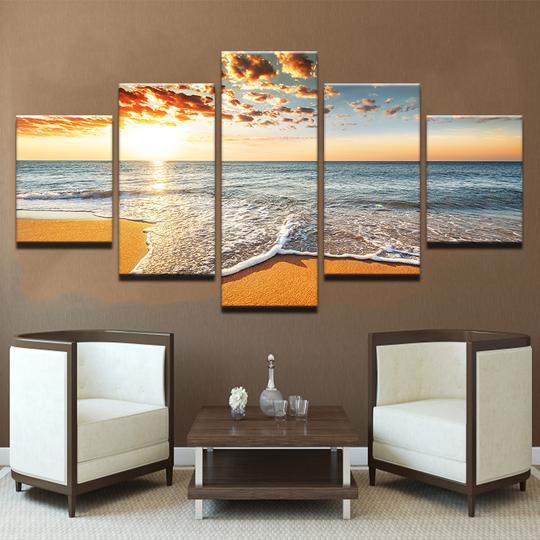 Sunrise On The Beach - Nature 5 Panel Canvas Art Wall Decor Sunrise On The Beach - Nature 5 Panel Canvas Art Wall Decor