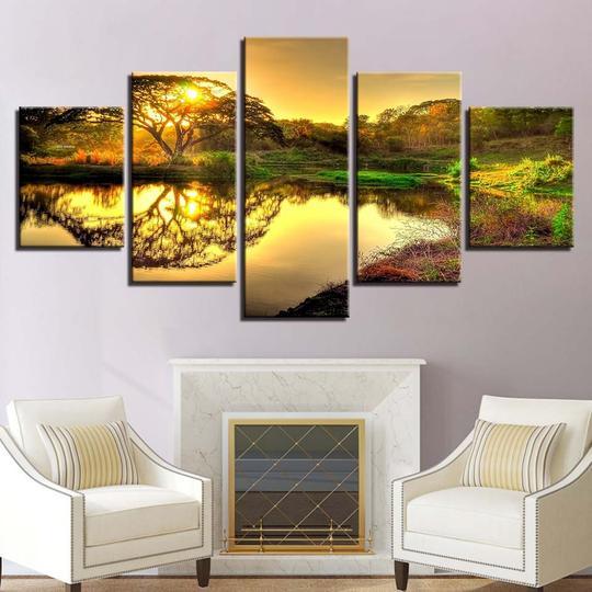 Sunrise Over Watering Hole Africa - Nature 5 Panel Canvas Art Wall Decor Sunrise Over Watering Hole Africa - Nature 5 Panel Canvas Art Wall Decor