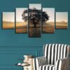 Sunrise Tree In A Pasture - Nature 5 Panel Canvas Art Wall Decor