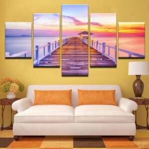 Sunrise Wooden Bridge Seascape Sunset Lake - Nature 5 Panel Canvas Art Wall Decor