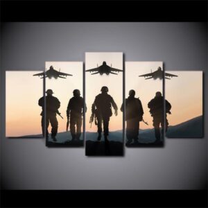 Sunset American Soldiers Planes - Army 5 Panel Canvas Art Wall Decor