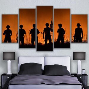 Sunset American Soldiers Silhouette - Army 5 Panel Canvas Art Wall Decor