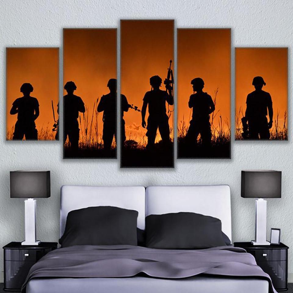 Sunset American Soldiers Silhouette - Army 5 Panel Canvas Art Wall Decor Sunset American Soldiers Silhouette - Army 5 Panel Canvas Art Wall Decor