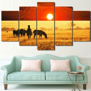 Sunset Animal A Zebra - Animal 5 Panel Canvas Art Wall Decor