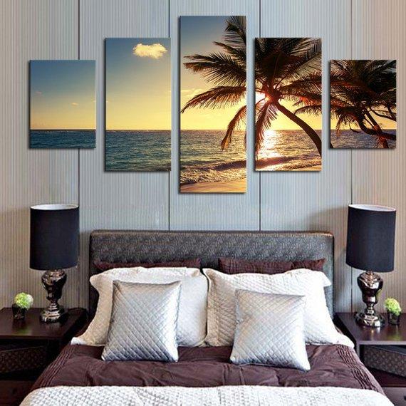 Sunset Beach Coconut Palm Tree Seascape Summer - Nature 5 Panel Canvas Art Wall Decor Sunset Beach Coconut Palm Tree Seascape Summer - Nature 5 Panel Canvas Art Wall Decor